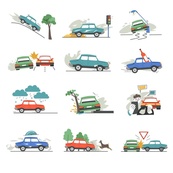 Road Accident Isolated Car Crash Vehicle Hit Tree Driving Alcohol — Vector de stock