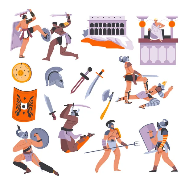 Roman Empire Traditions Entertainment Isolated Gladiators Armor Swords Shields Helmets — Stockvektor