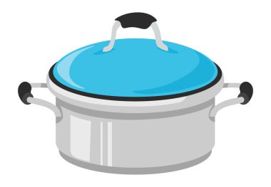Kapaklı tencere ya da güveç. Yemek pişirmek ve yemek hazırlamak için izole edilmiş mutfak eşyaları. Yemek pişirmek için tencere, güveç ya da tencere ve mutfak gereçleri. Düz biçimli vektör