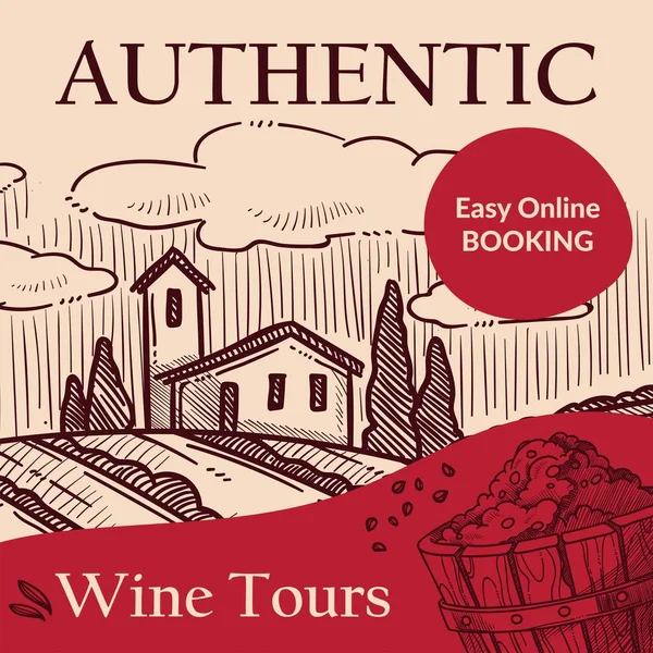 Easy Online Booking Authentic Wine Tours Italian Countryside Fields Grapes — 图库矢量图片