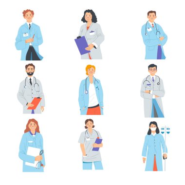 Steteskoplu ve not defterli terapistler ya da doktorlar kliniklere ya da hastanelere not alıyorlar. Hastalıklı hastaları tedavi eden ayrı bir uzman hemşire ya da kardiyolog. Düz biçimli vektör