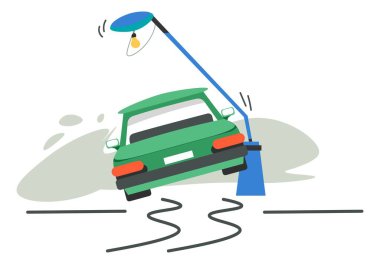 Accident on road, isolated car smashing into pillar, lantern or pole in street or pavement. Collision and damage of vehicle and city infrastructure. Highway transportation. Vector in flat style