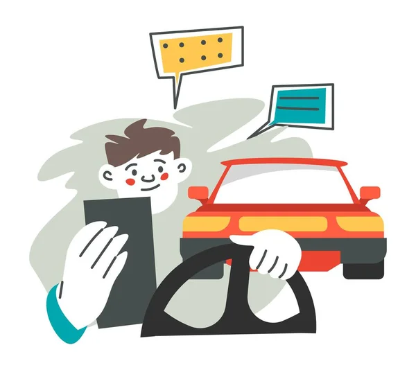 Risk Getting Accident Because Driving Using Smartphone Talking Texting Man — Stock Vector