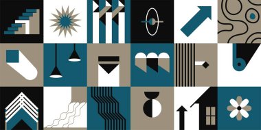 Soyut baskılar ve çizimlerle kareler, ızgaralarda geometrik şekiller. Yön, lamba, güneş ve ev gösteren oklu döşeme. Minimalist çiçek ve merdiven çizgisi sanatı. Düz biçimli vektör