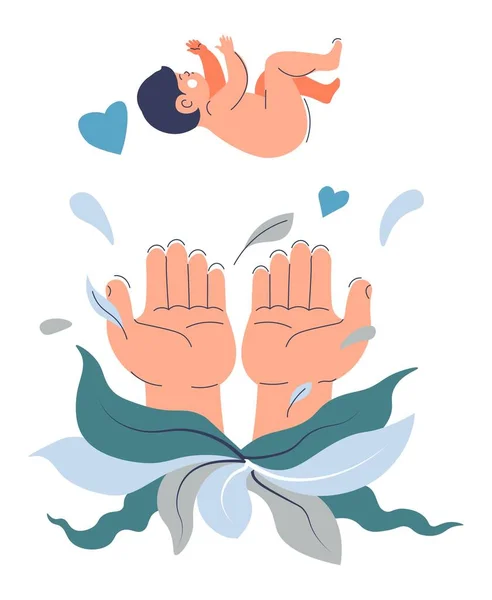Ebeveynlik Yeni Doğan Çocuğa Bakmak Izole Edilmiş Ellerin Bebeği Tutması — Stok Vektör