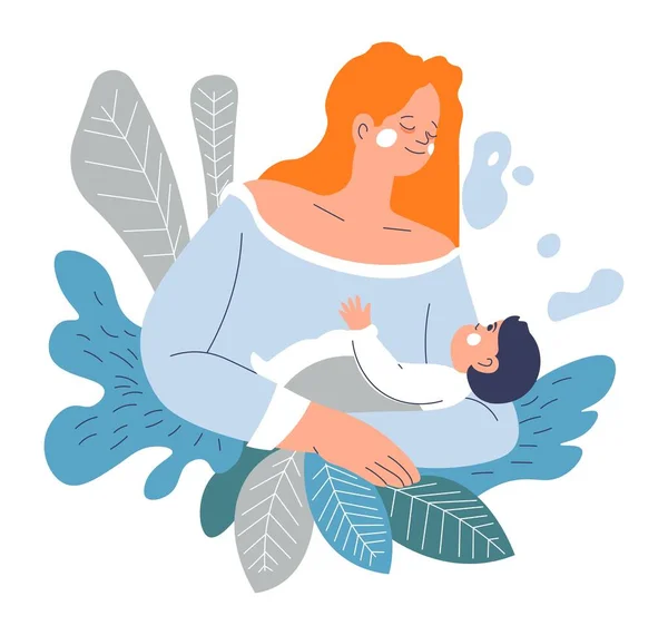 Anne Çocuğuna Bakıyor Elinde Bebekle Yalnız Bir Anne Sallanıyor Çocuğuyla — Stok Vektör