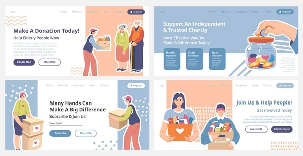 Charity Make Donation Offer Web Page Set Volunteer Support Flat — Stok Vektör