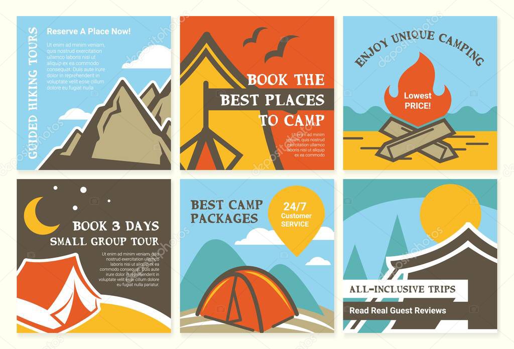 Network web page set with camping place offer set. Social media post collection for hiking tour advertising, vector illustration. All-inclusive trip promotion at network banner element