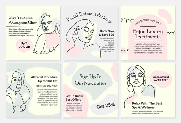 Social Media Post Set Facial Skin Treatment Template Network Collection — Stok Vektör