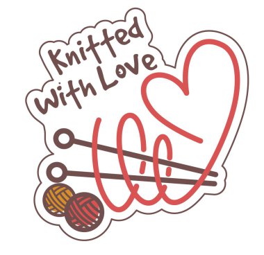 Sevgiyle örülmüş, yün ipliklerden yapılmış el yapımı bir ürün. El yapımı ev yapımı giysiler ya da giysi için aksesuarlar. İğne işi logosu. Etiket ya da amblem, logot ya da rozet. Düz biçimli vektör
