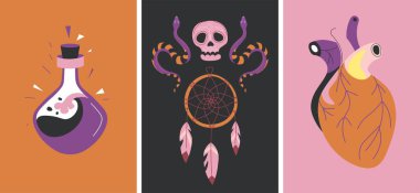 Doğaüstü ve cadı sembolleri, şişedeki izole konum, büyüleyici iksir. Kafatası ve yılanlı düş kapanı. İnsan organı, damarları ve atardamarları olan kalp. Düz biçimdeki kart vektörü