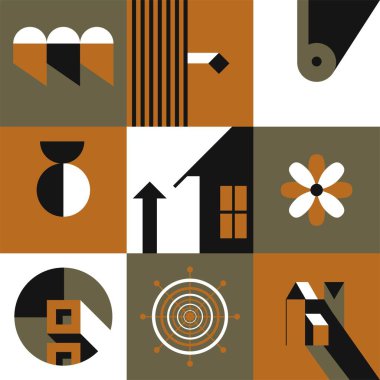 Soyut parmak izleriyle ızgaraları engelleyin. Basit geometrik şekiller, çizgileri ve dalgaları olan modern ve çağdaş çizimler. Ev yapımı, çiçek açan ve yukarı bakan oklar. Düz biçimli vektör