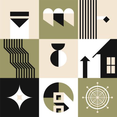 Modern soyut sanat, ızgara ya da geometrik şekiller, basit biçimler ve çizgi kompozisyonu. Retro ya da klasik sanat eseri Bauhaus ya da orta yüzyıl tasarımı. Ev ve çark, daireler. Düz biçimli vektör