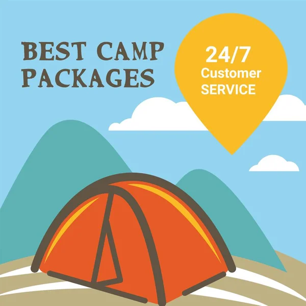 Customer service on camp packages, travel around world and hiking. Adventures and recreation in summer, trips and journeys. Tourist location mountaineering and sleeping in tent. Vector in flat style