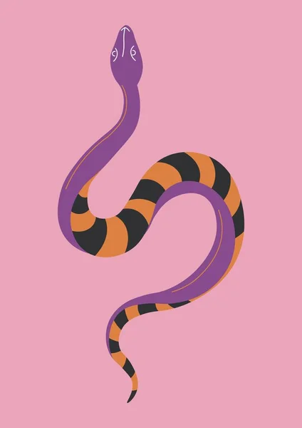 Magic and occult creatures, isolated serpent animal with stripes on skin. Poisonous and toxic snake, dangerous reptile aggressive reptile with venom. Viper or cobra tattoo. Vector in flat style