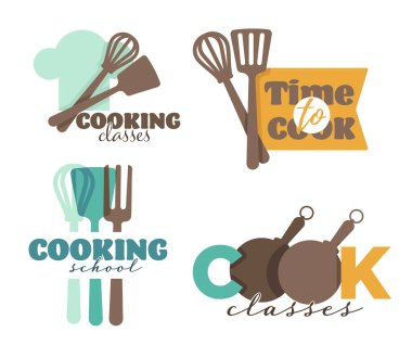 Mutfak gereçleri ve çatal bıçakları pişirme okulu veya sınıflar ikon vektör çırpıcı ve spatula tabağı ve şef şapka kaşık ve çatal tava ve merdane amblemi veya logo aşçılık eğitimi aşçılık ve yemek tarifleri
