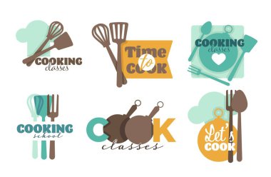 Aşçılık okulu veya sınıfları izole edilmiş ikonlar vektör çırpma tabağı ve spatula tabağı ve şef şapka kaşığı ve çatal tava ve merdane pin amblemi veya logo yemek ve yemek tarifleri.
