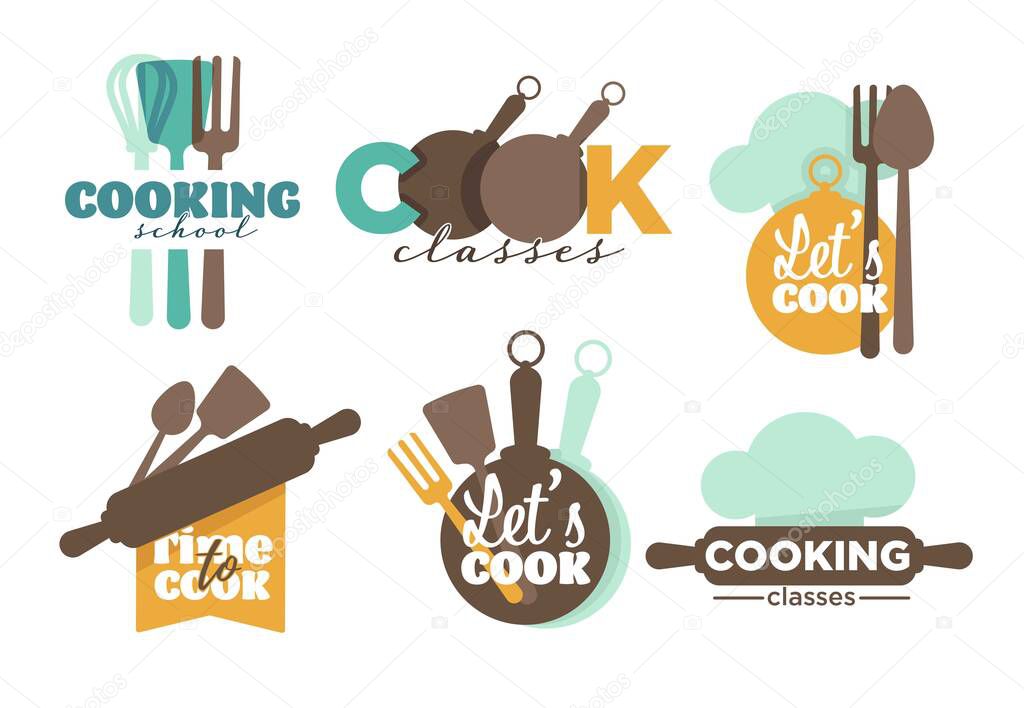 Cooking school Kitchenware and cutlery classes isolated icons vector whisk and spatula plate and chef hat spoon and fork pan and rolling pin emblem or logo training culinary food and dishes recipes