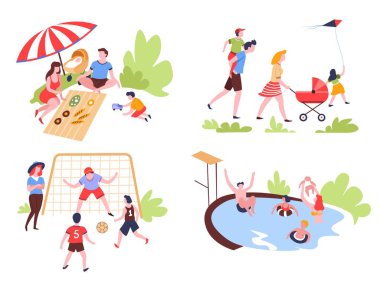 Summer outdoor activity. Recreation family leisure vector pastime on nature picnic and walk football game and swimming pool bbq party and badminton tree climbing and reading parents and children.