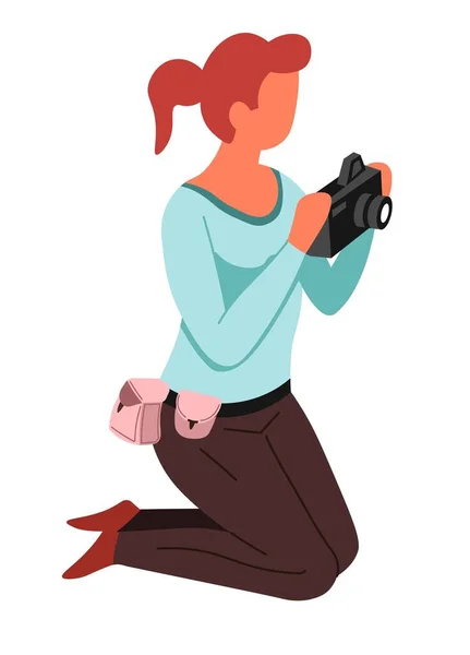 Journalist Paparazzi Photographer Knees Photo Camera Vector Isolated Female Character — Stock vektor