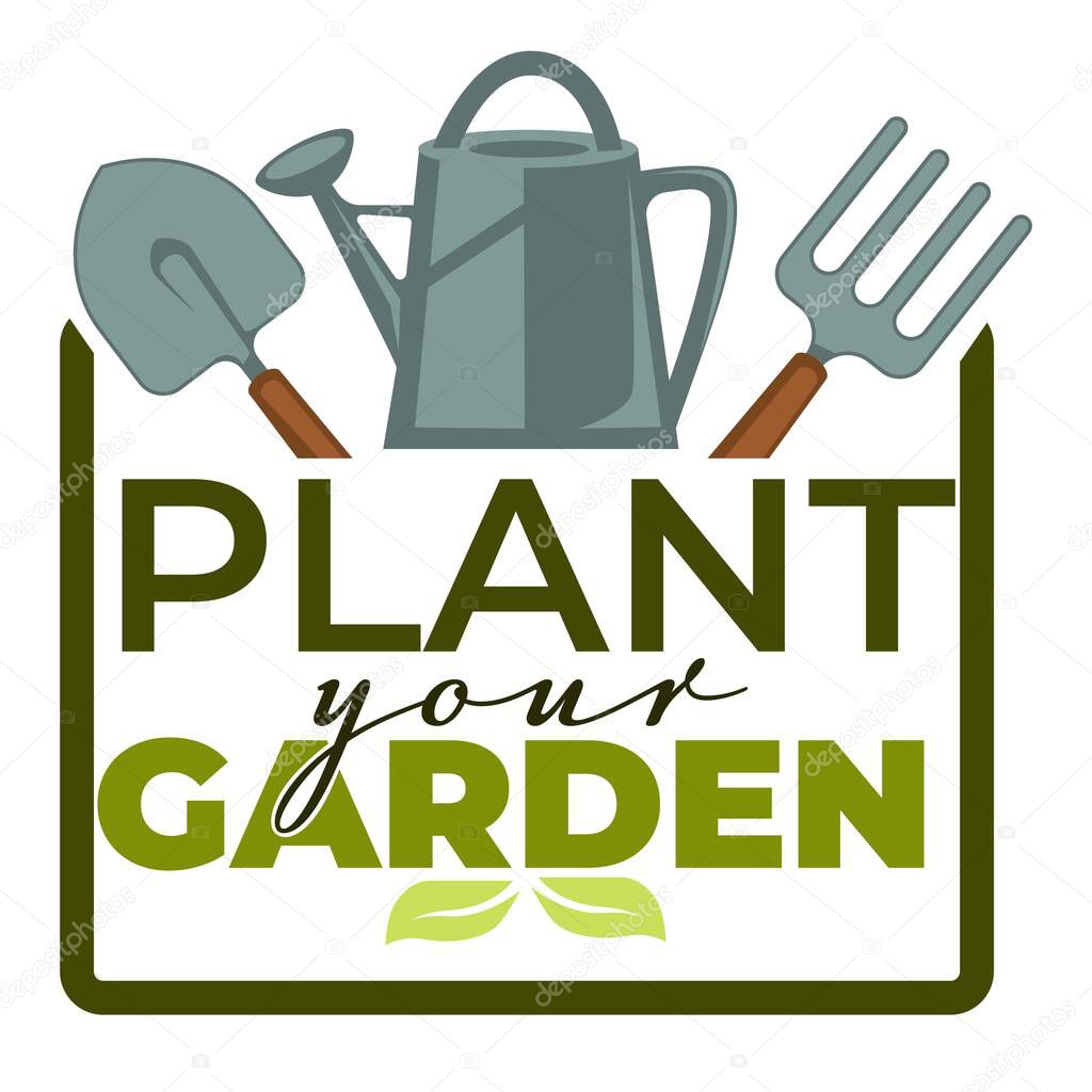 Green garden isolated icons home gardening tools and plants. Vector spade and forks watering can leaves and branches emblems and logo growing and cultivation groundworks equipment foliage and sprouts.