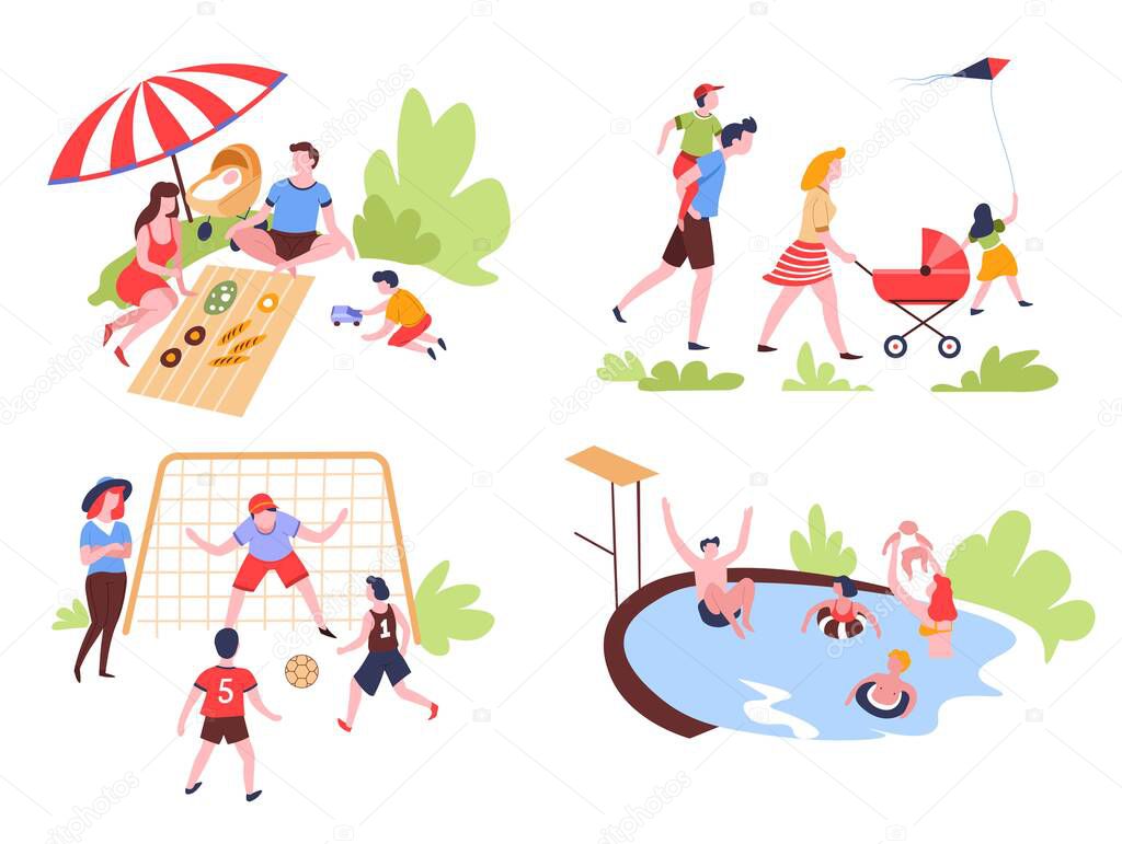 Summer outdoor activity. Recreation family leisure vector pastime on nature picnic and walk football game and swimming pool bbq party and badminton tree climbing and reading parents and children.