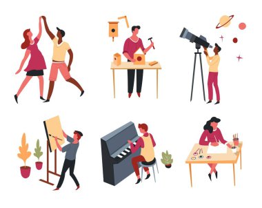 Hobbies leisure activity or pastime art and entertainment vector. Dancing and handmade craft telescope and easel playing music drawing and cooking sewing birdhouse easel piano key song cook in apron.