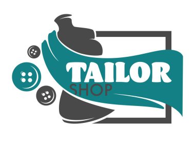 Manken ve dikiş aletleri atölyesi. Terzi servisi izole edilmiş ikonlar vektör iplikleri ve iğne iğnesi ve düğme makas amblemi veya logo giysi onarımı ve el yapımı giyim mağazası veya mağazası