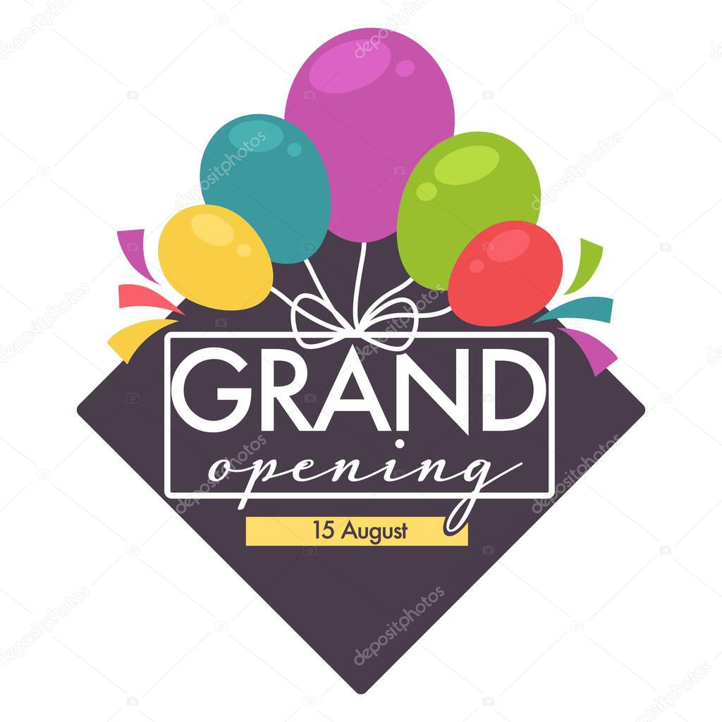 Balloons and confetti grand opening isolated icon vector event celebration start or beginning ceremony and tradition cutting silk stripe stationery tool and decor emblems or logo