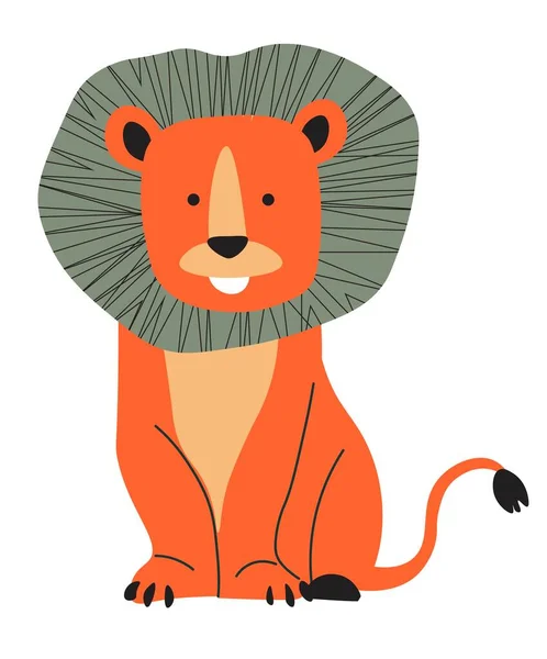 Lion flat cartoon animal, wild funny cat with mane, vector in flat style. Sitting lion undomesticated wild character with tail, african safari young cub, king of animals illustration