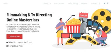 TV directing and filmmaking, online masterclass and lessons with specialists. Cameramen and reel. Cinematography industry learning basics for making films and movies. Vector in flat style, web
