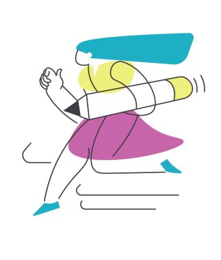 Journalist or copywriter, woman running with big pencil. Digital SEO optimization or editing content. Blogger writing articles, author or creator in web. Abstract line art vector in flat style