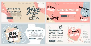 İniş sayfasındaki özel indirimi dağıtın. İnternette paylaşın ve web pankartı koleksiyonundan ödül teklifi alın, vektör illüstrasyonundan. Web sitesi tasarımı, girin, sıralayın ve kazanın işareti, şablon dekorasyonu