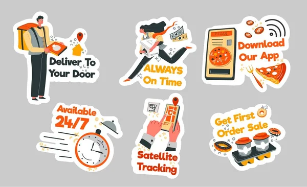 Sticker Design Set Delivery Application Flat Man Woman Character Deliver — Stockový vektor