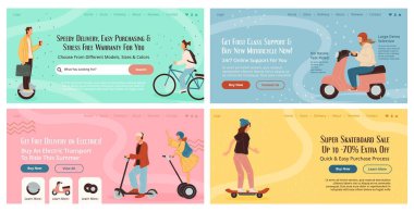 Nakliye mağazası teklifi çevrimiçi iniş pankartıyla ayarlandı. Motosiklet, web sayfası koleksiyonunda bisiklet teslimatı, vektör illüstrasyonu. Düz adam kadın karakter web sitesi tasarımında elektrikli araç kullanıyor