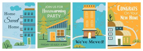 New Home Celebration Colorful Postcard Design Set Housewarming Party Invitation — Stockový vektor