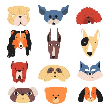 Köpekli hayvanlar, farklı cinsten izole edilmiş köpek portreleri. Safkan ya da başıboş köpek yavrusu duygusal bir ifadeyle ağlar. Mutlu ya da kızgın, sıkılmış ya da evcil bir köpek. Düz biçimli vektör