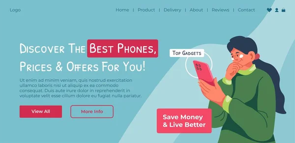 Female Character Choosing Smartphone Gadgets Online Woman Saving Money Deals — Vetor de Stock