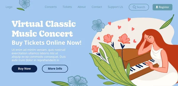 Buy Tickets Online Virtual Classic Music Concerts Listen Symphonies Melodies — Vettoriale Stock