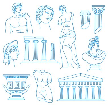 Greek or roman ancient culture and architecture. Isolated bust of women and men, statues and sculptures. Pillar or columns for exterior building. Line art, minimalist sketch. Vector in flat style