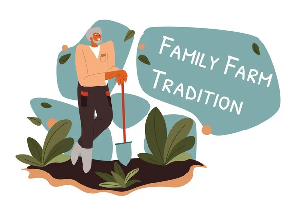 Aile Çiftliği Geleneklerle Ilgilenen Kıdemli Erkek Karakter Bahçede Tarlada Küreği — Stok Vektör