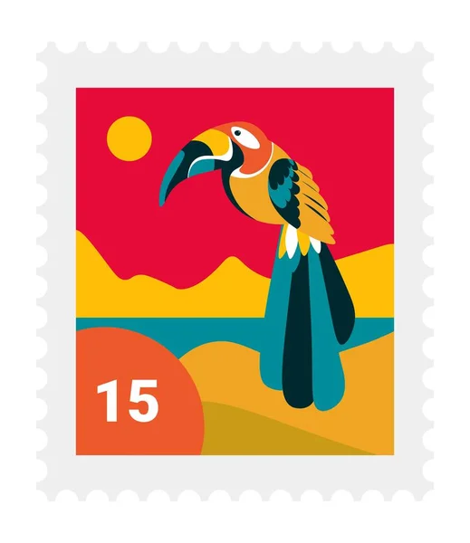 Post mark with exotic bird, parrot and landscape with sunset. Post stamp with price, zoo character, avian animal on sign. Ornithology and collection of seals for correspondence. Vector in flat style