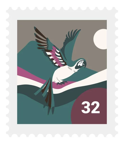 Postmark with exotic bird flying, isolated postal marking with drawing and price. Tropical landscape and avian animal with long wings, sun and mountains in distance, collection. Vector in flat style