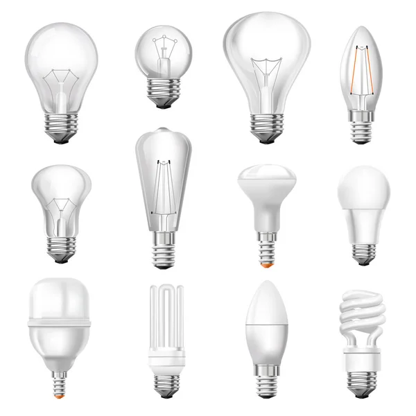 Assortment Light Bulbs Variety Lamps Electricity Types Shapes Twisted Fluorescent — Vetor de Stock