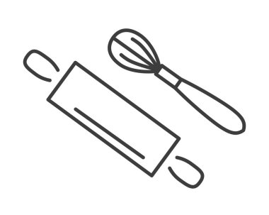Cooking supplies and tools, wooden rolling pin and whisker for mixing flour. Preparing food and baking, delicious meal product. Line art, minimalist drawing, isolated icon. Vector in flat style