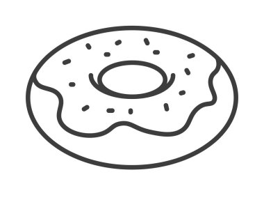 Bakery shop assortment, tasty dessert with glaze and sprinkles. Donut with sugar topping, store with delicious food ingredients. Line art, minimalist drawing, isolated icon. Vector in flat style