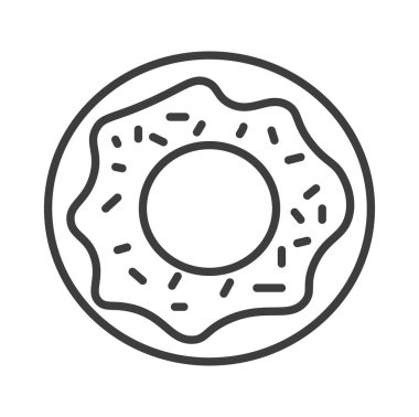 Tasty donut dessert from bakery shop, pastry and delicious meal. Rounded bun with chocolate glaze and sprinkles. Sugary food. Line art, minimalist drawing, isolated icon. Vector in flat style