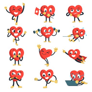Cute heart personage emoji or emoticon. Isolated character expressing emotions, cheering and standing with flag, bored or talking on phone, exercising and working on laptop. Vector in flat style