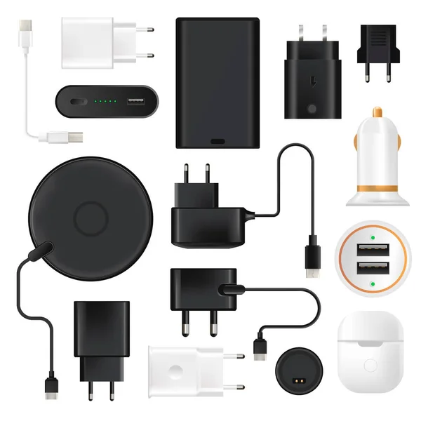 Types Variety Chargers Mobile Phones Laptops Appliances Electronic Devices Gadgets — Stockvector