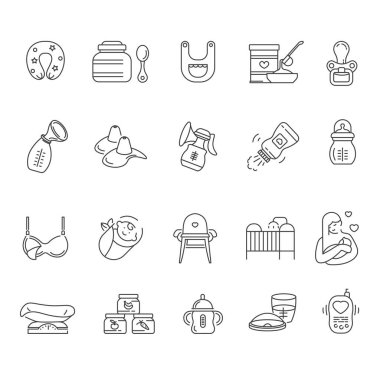 Products and items for feeding newborn baby, isolated bottle and soother. Bra for mother, crib and stool for children to sit while eating. Toddlers and child pillows for sleep. Vector in flat style